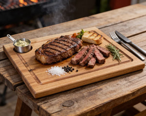 Steak & Burger Brett aus massiver Eiche 40x30cm mit Saftrille und Dip-Schale