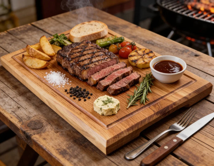 Steakbrett Eiche 40x30x4 cm mit Griffmulde – Steak & Burger Brett