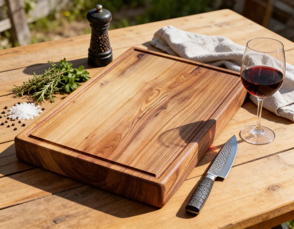 Chefbrett Arcadia aus Ulme 60x40x6 cm, massives Schneidebrett aus Vollholz als Einzelstück für Küche, Grill, Fleisch und großzügige Vorbereitung