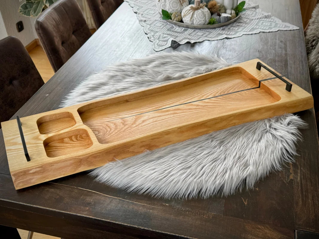 Holz Servierbrett mit Fächern und Metallgriffen für Buffets und Grillen, XXL